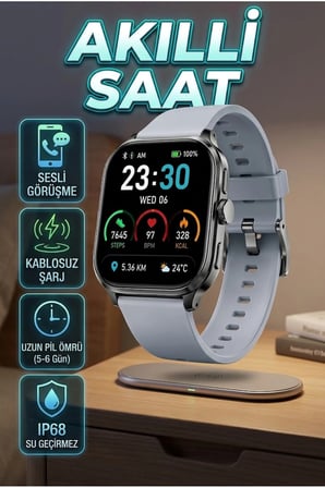 Akıllı Saat 1.9 İnç Ekran Bluetooth 5.0 Sesli Görüşme Kablosuz Şarjlı IP68 Akıllı Saat