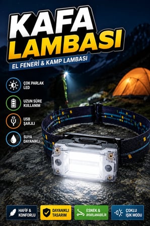 Kafa Lambası El Fenerli USB Şarjlı LED Kamp Lambası Esnek Mıknatıslı