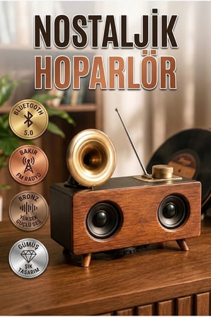 Nostaljik Gramofon Tasarımlı Bluetooth Stereo Speaker Çift Hoparlörlü 3D Ses Sistemi
