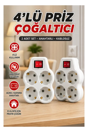 2’li Set 4’lü Anahtarlı Kablosuz Duvar Tipi Priz Çoğaltıcı