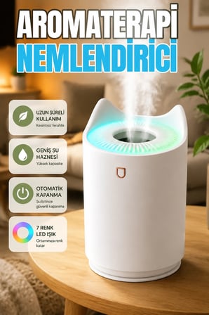 Aromaterapi Difüzörlü Ultrasonik Oda Nemlendirici – 7 Renk LED ve Otomatik Kapanma