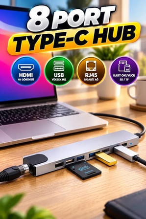 8 Port Type-C Hub – HDMI, USB, RJ45 ve Kart Okuyucu Bağlantılı Çoklayıcı