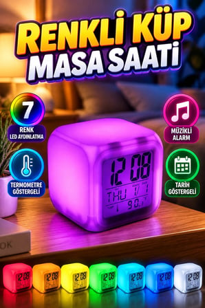 7 Renk LED Aydınlatmalı Dijital Küp Masa Saati – Termometre, Müzikli Alarm ve Tarih Göstergeli