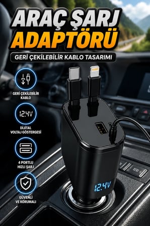 Dijital Voltaj Ekranlı 4 Portlu Araç Şarj Cihazı Type-C Lightning Geri Çekilebilir Kablolu Adaptör