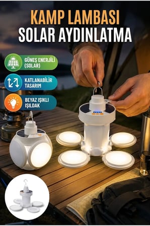 Katlanabilir 5 Kanatlı Solar Kamp Lambası Beyaz Işık Su Geçirmez Taşınabilir Aydınlatma