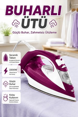 2200 W Seramik Tabanlı Buharlı Ütü – 177 gr/dk Şok Buhar ve Kireç Önleme