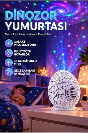 Dinozor Yumurtası Galaksi Projektör Gece Lambası Bluetooth Hoparlörlü 4 Fonksiyonlu Atmosfer Aydınlatma