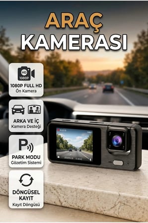 3 Kameralı Araç İçi DVR Kayıt Cihazı – 1080P Ön Kamera, 2 İnç Ekran ve Park Modu
