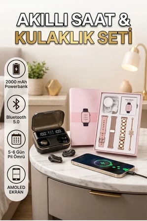 AMOLED Ekranlı Akıllı Saat ve ANC/ENC Bluetooth Kulaklık Seti – 3 Kordonlu