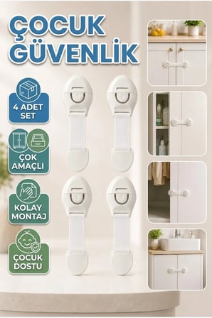 Çocuk Güvenlik Kilidi 4’lü Set – Dolap, Çekmece ve Gardırop İçin Çok Amaçlı