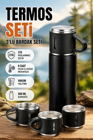3'lü Siyah Termos ve Bardak Seti 500 ml – 316 Paslanmaz Çelik Vakum Yalıtımlı
