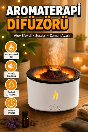 Alev Efektli Aromaterapi Difüzörü 360 ml Su Hazneli Zaman Ayarlı Sessiz Nemlendirici