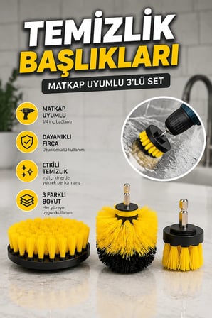 Matkap Uyumlu 3’lü Temizlik Fırçası Seti – 1/4 İnç Bağlantılı Farklı Boy Başlıklar