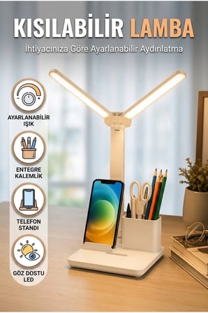 Kısılabilir LED Masa Lambası Kalemlik ve Telefon Standlı Ayarlanabilir Okuma Işığı
