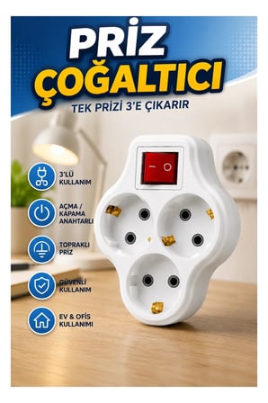Anahtarlı 3’lü Topraklı Priz Çoğaltıcı – Kablosuz Duvar Tipi Adaptör