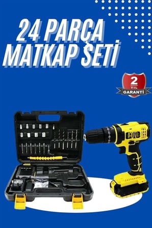 Çift Akülü Metal Şanzımanlı Matkap Seti – 24 Parça, LED Aydınlatmalı, Bakır Sargılı