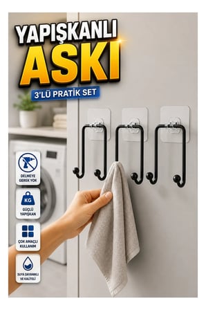 3’lü Yapışkanlı Duvar Askısı – Çok Amaçlı Askılık Seti