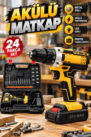 24W Darbeli Akülü Matkap Seti – Metal Dişli, Çift Batarya, LED Işıklı ve 24 Parça Aksesuarlı