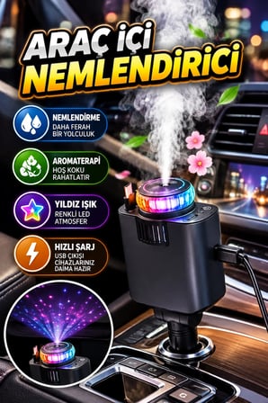 Araç İçi Nemlendirici – Aromaterapi, Yıldız Işık ve Hızlı Şarj Özellikli