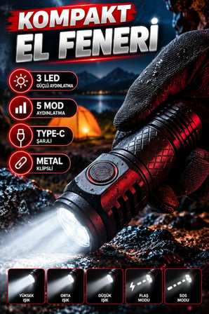 3 LED Kompakt El Feneri 5 Modlu Type-C Şarjlı Metal Klipsli