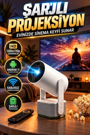 Şarjlı Akıllı Projeksiyon – 1280x720p Çözünürlük | Android 11 Kablosuz Görüntü Aktarımı