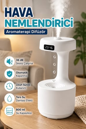 800 ml Ultrasonik Hava Nemlendirici – Aromaterapi Difüzör ve Ters Su Damlası Efekti