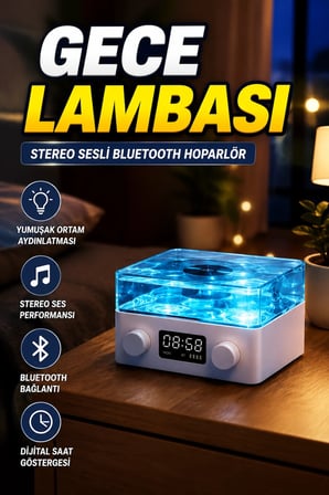 Vintage Tasarımlı Stereo Bluetooth Hoparlör Gece Lambası ve Dijital Saatli