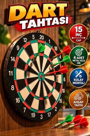 15 İnç Ahşap Dart Tahtası – 4 Metal Uçlu Ok ve Kolay Montaj