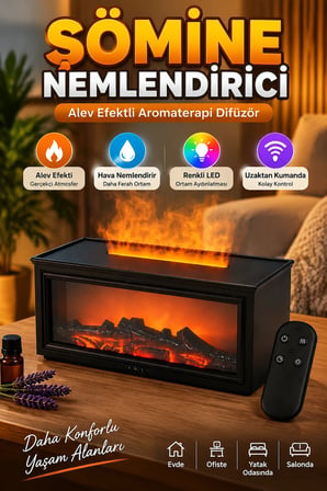 Şömine Efektli Aromaterapi Nemlendirici – Uzaktan Kumandalı Renkli LED Difüzör