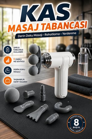 8 Başlıklı Şarjlı Kas Masaj Tabancası Derin Doku Titreşimli Profesyonel Masaj Cihazı