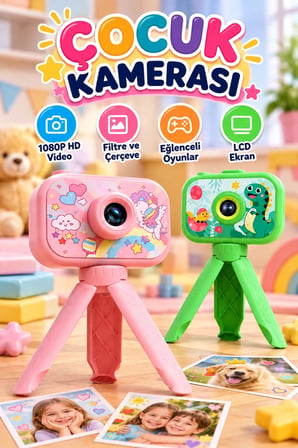 Çocuk Dijital Fotoğraf Makinesi 1080P HD LCD Ekranlı – Filtre, Çerçeve ve Oyun Özellikli