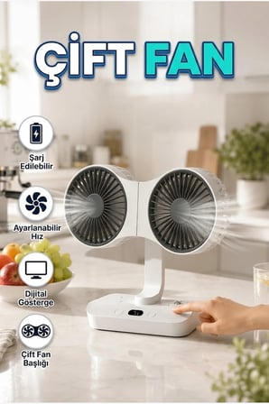 Şarjlı Çift Başlıklı Masa Vantilatörü – Ayarlanabilir Fan ve Dijital Göstergeli Tasarım