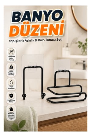Yapışkanlı Rulo Kağıt Tutucu ve Havlu Askısı – 2 Parça Banyo Düzenleme Seti