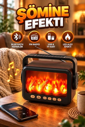 LED Alev Efektli Taşınabilir Bluetooth Hoparlör – FM Radyo, USB ve TF Kart Destekli