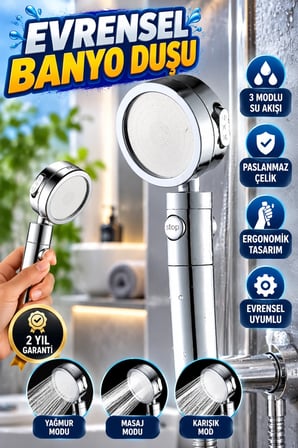 Paslanmaz Çelik Ayarlanabilir El Duş Başlığı – 3 Modlu Su Akışı ve Ergonomik Tasarım