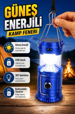 Güneş Enerjili Katlanabilir Kamp Feneri USB Şarjlı Çok Yönlü Tasarım