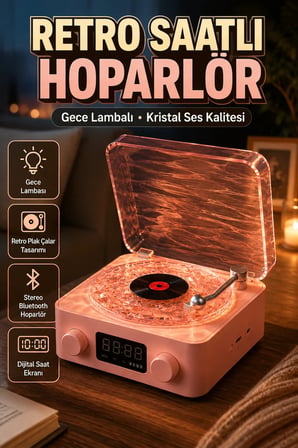 Retro Saatli Bluetooth Hoparlör Gece Lambalı Plak Çalar Tasarım Kristal Ses Kalitesi