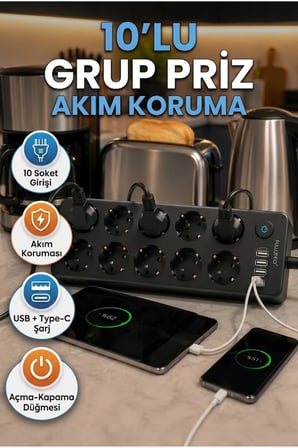Akım Korumalı 10'lu Grup Priz – USB ve Type-C Şarj Girişli Açma Kapama Düğmeli