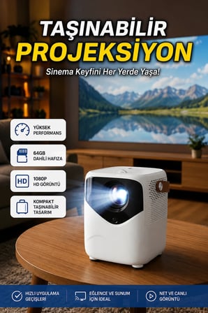 1080P HD Taşınabilir Projeksiyon Cihazı 64GB Depolama 2GB RAM Uzaktan Kumandalı