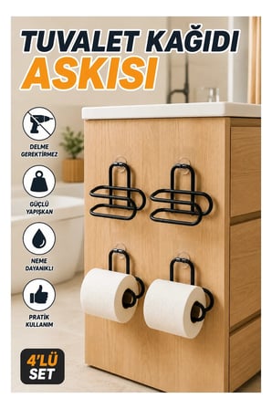 Siyah Yapışkanlı Tuvalet Kağıdı Askısı – Metal Duvar Tipi 4’lü Set