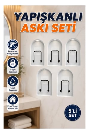 5’li Yapışkanlı Duvar Askısı – Çok Amaçlı Askılık Seti