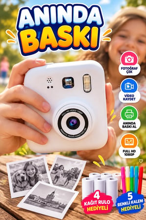 Çocuklar İçin Dijital Baskılı Fotoğraf Makinesi 5 Renkli Kalem ve 4 Kağıt Rulo Hediyeli Kamera