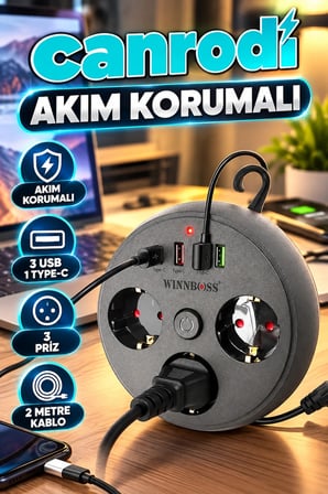Akım Korumalı Çoklu Priz – 3 Priz 3 USB 1 Type-C | 2 Metre Uzatma Kablosu