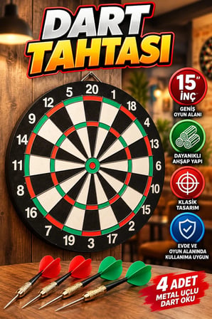 15 İnç Ahşap Dart Tahtası Seti – 4 Adet Metal Uçlu Dart Oku