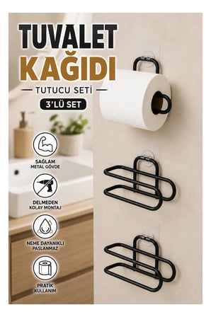 Siyah Yapışkanlı Rulo Kağıt Tutucu – 3’lü Duvar Tipi Set