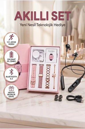 AMOLED Ekranlı Akıllı Saat ve Bluetooth Kulaklık Seti 3 Kordonlu Kadın Akıllı Saat