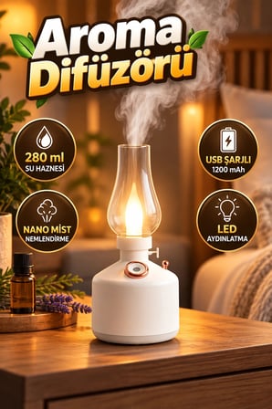 280 ml Retro Gaz Lambası Tasarımlı Aroma Difüzörü – USB Şarjlı Nano Mist Nemlendirici