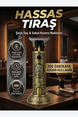 Şarjlı Saç ve Sakal Kesme Makinesi – T Tipi Metal Bıçak ve 3 Kesim Tarağı
