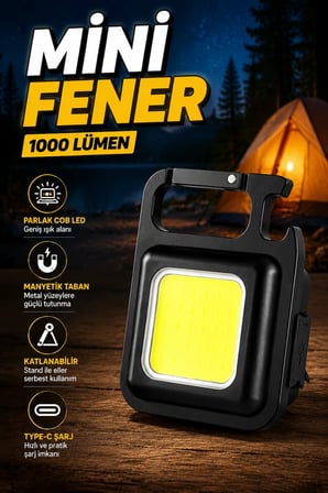 1000 Lümen COB LED Mini Fener – Type-C Şarjlı, Manyetik ve Katlanabilir