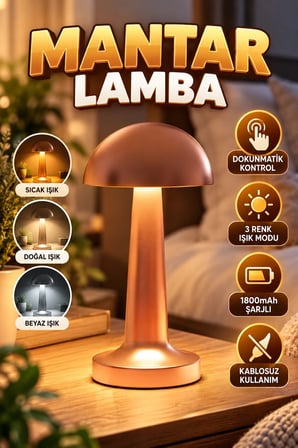 Bronz Mantar Masa Lambası – 3 Renk Dokunmatik LED, 1800mAh Şarjlı ve Kablosuz